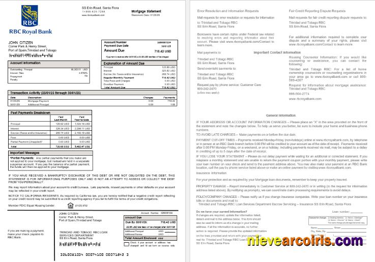 Trinidad and Tobago Royal Citizens Bankmortgage statement